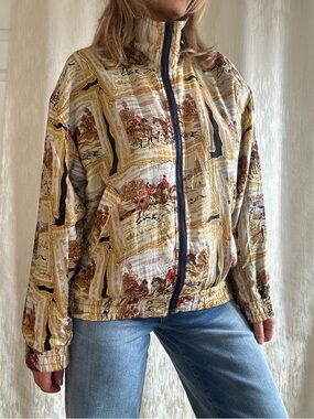 Vintage Bogari Studio 100% Silk Equestrian Fox Hunt Bomber Jacket - Size Large